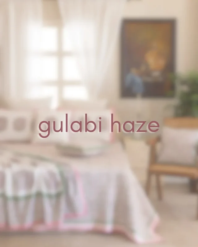 Gulabi Haze collection bedding in a sunlit bedroom