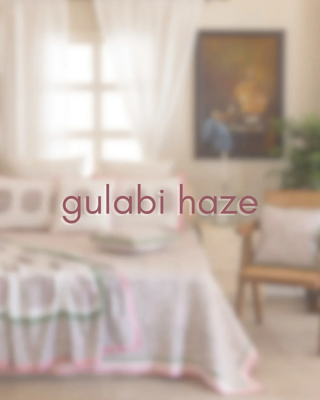Gulabi Haze collection bedding in a sunlit bedroom