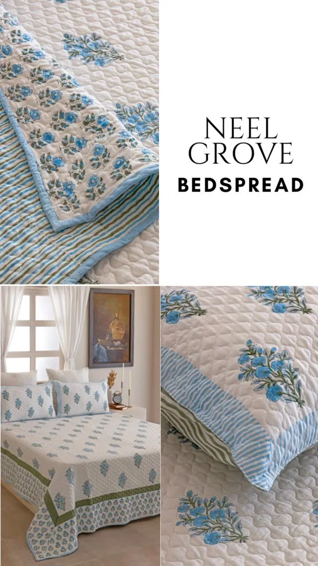 Neel Grove bedspread — print close-up and styled bedroom