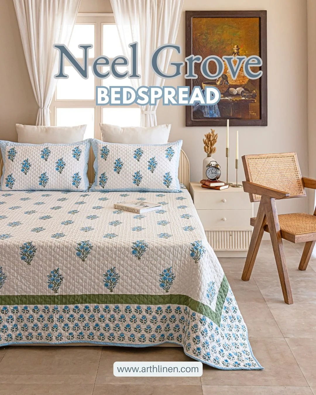 Neel Grove quilted bedspread styled in a bedroom
