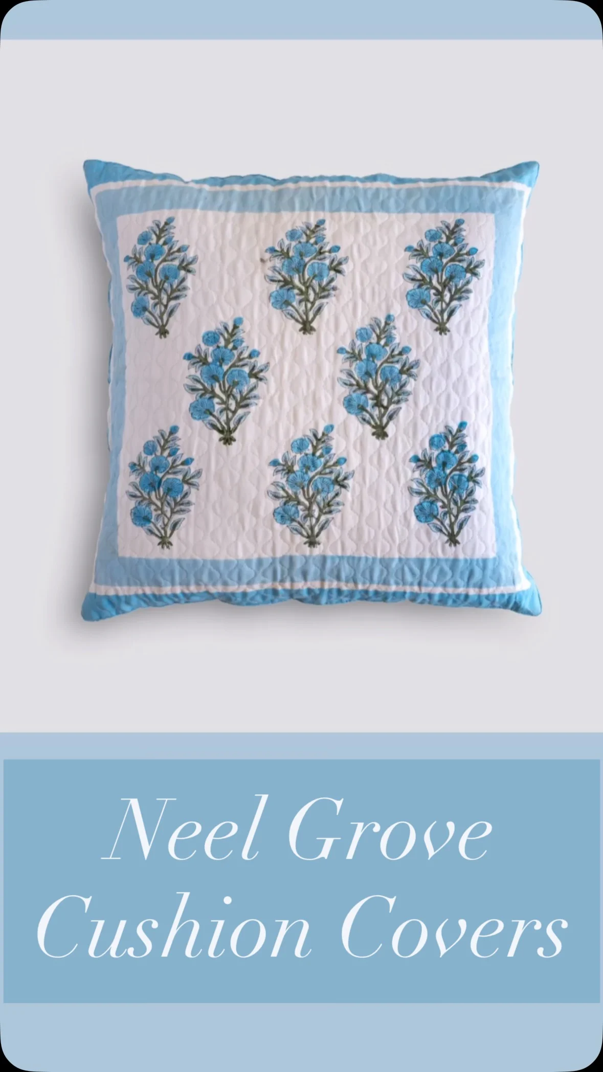 Neel Grove quilted cushion cover in blue floral block print
