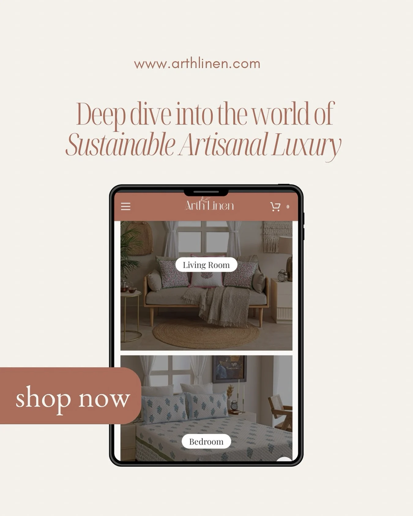 Arth Linen website on a phone — sustainable artisanal luxury