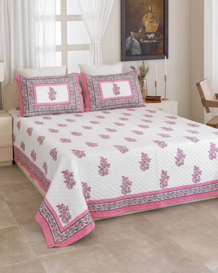 Pink Chowk Quilted Bed Cover
