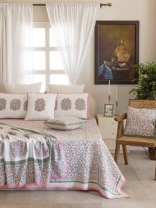 Gulabi Haze Complete Bedding Set, hand block printed