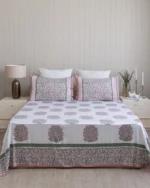 Gulabi Haze Flat Bedsheet with Two Pillow Covers, hand block printed