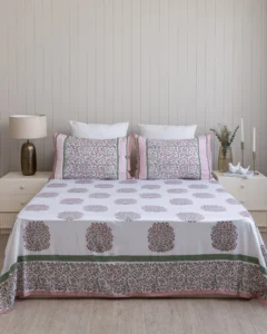 Gulabi Haze Flat Bedsheet with Two Pillow Covers, hand block printed