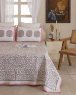 Gulabi Haze Quilted Bed Cover, hand block printed