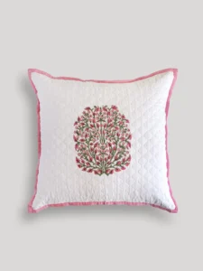 Gulabi Haze Rosy Dusk Quilted Cushion Cover, hand block printed