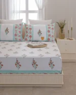 Mint Mehrab Flat Bedsheet with Two Pillow Covers, hand block printed