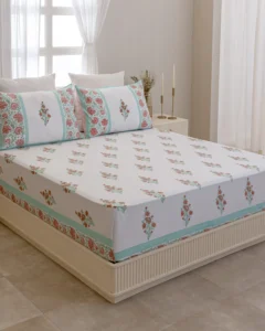 Mint Mehrab Flat Bedsheet with Two Pillow Covers, hand block printed – view 2