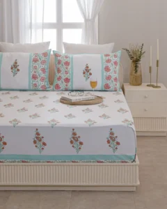 Mint Mehrab Flat Bedsheet with Two Pillow Covers, hand block printed