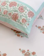 Mint Mehrab Flat Bedsheet with Two Pillow Covers, hand block printed – view 3