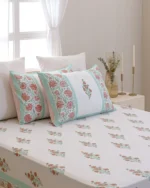 Mint Mehrab Flat Bedsheet with Two Pillow Covers, hand block printed – view 4