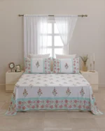 Mint Mehrab Flat Bedsheet with Two Pillow Covers, hand block printed – view 5