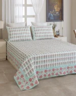 Mint Mehrab Quilted Bed Cover, hand block printed