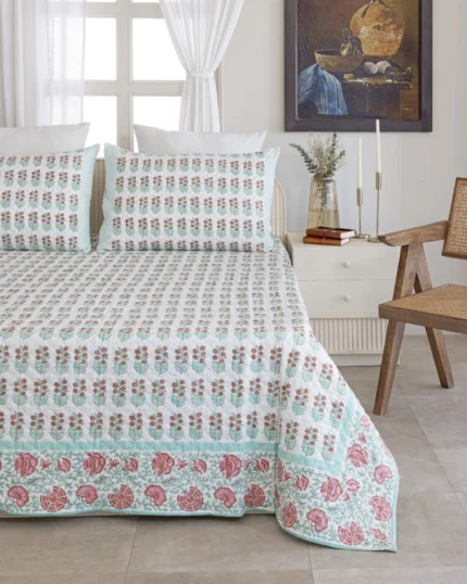 Mint Mehrab Quilted Bed Cover, hand block printed – view 2