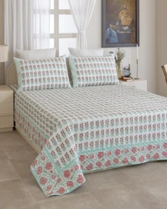 Mint Mehrab Quilted Bed Cover, hand block printed