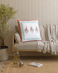Mint Mehrab Quilted Cushion Cover, hand block printed