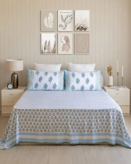 Neel Grove Flat Bedsheet with Two Pillow Covers, hand block printed