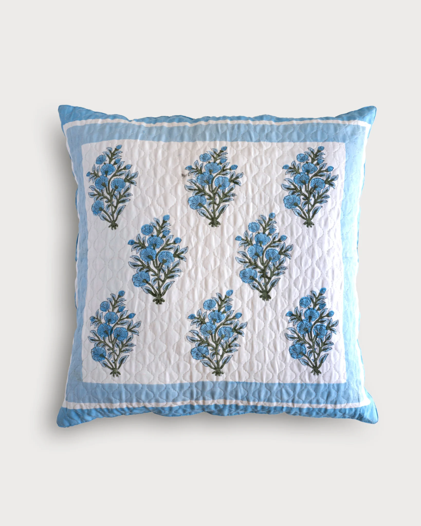 Neel Grove Indigo Bloom Quilted Cushion Cover, hand block printed