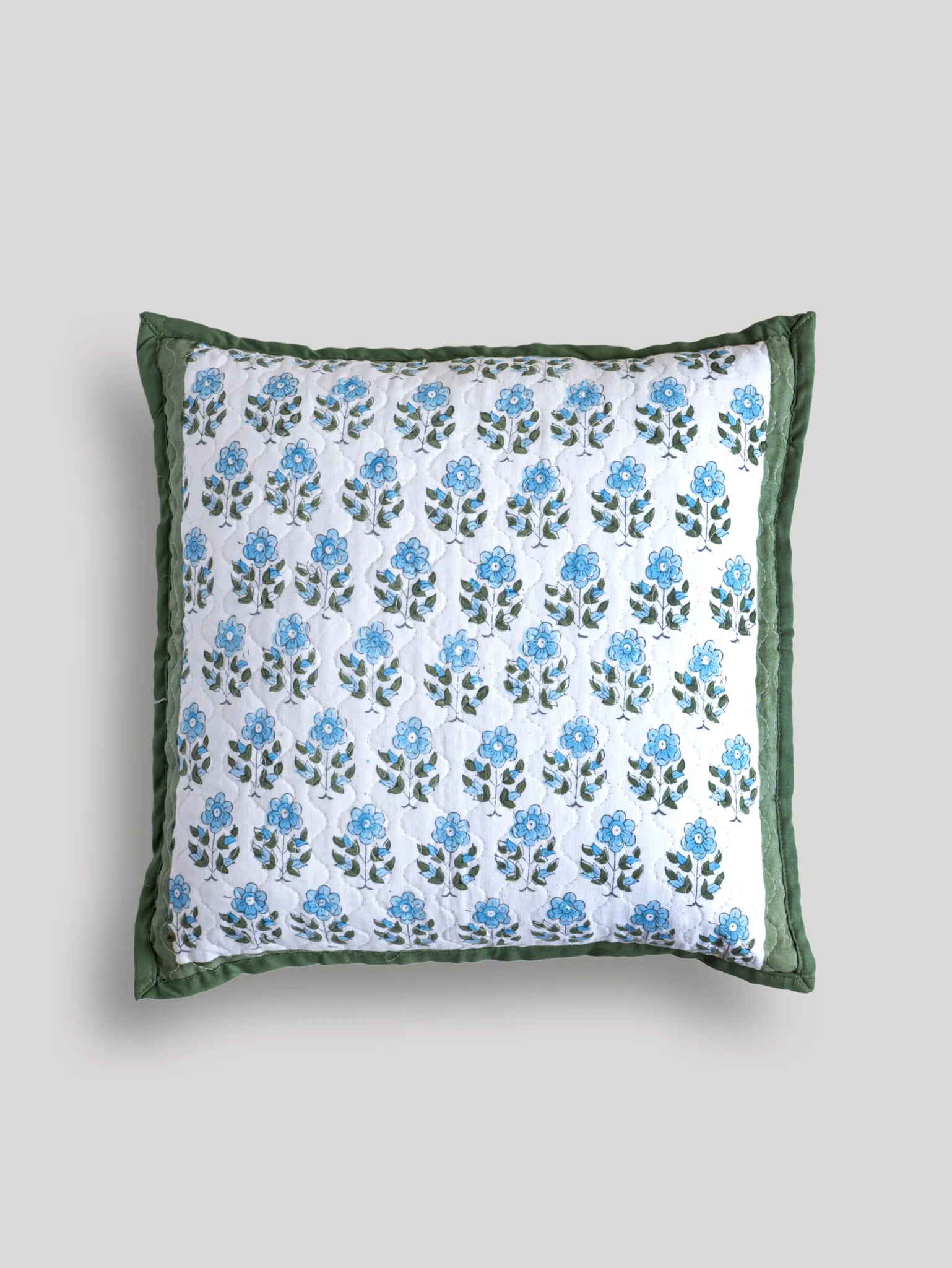 Neel Grove Midnight Neem Quilted Cushion Cover, hand block printed