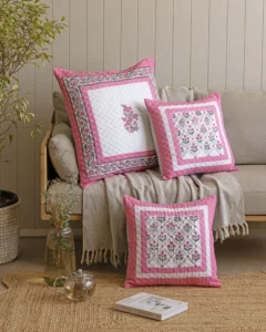 Pink Chowk Bazaar Quilted Cushion Cover, hand block printed – view 2