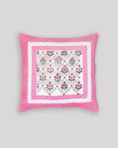 Pink Chowk Bazaar Quilted Cushion Cover, hand block printed