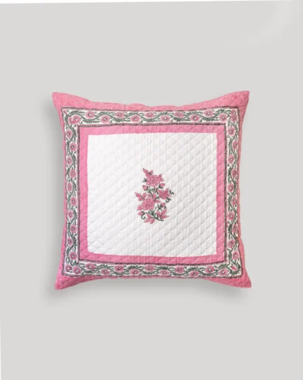 Pink Chowk Blush Quilted Cushion Cover, hand block printed