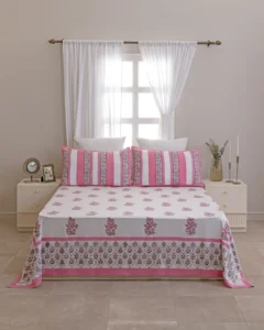 Pink Chowk Flat Bedsheet with Two Pillow Covers, hand block printed