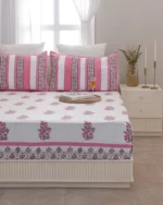Pink Chowk Flat Bedsheet with Two Pillow Covers, hand block printed – view 4