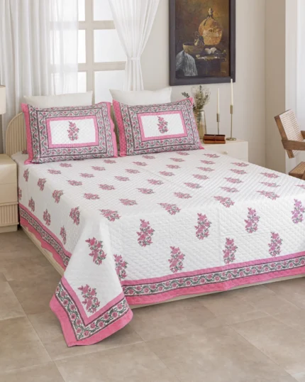 Pink Chowk Quilted Bed Spread, hand block printed