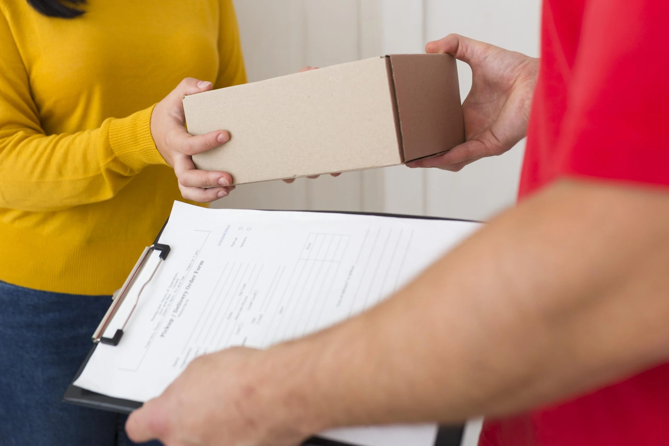 Customer handing a parcel to a courier