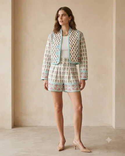 Mint Mehrab Cropped Jacket & Shorts Set